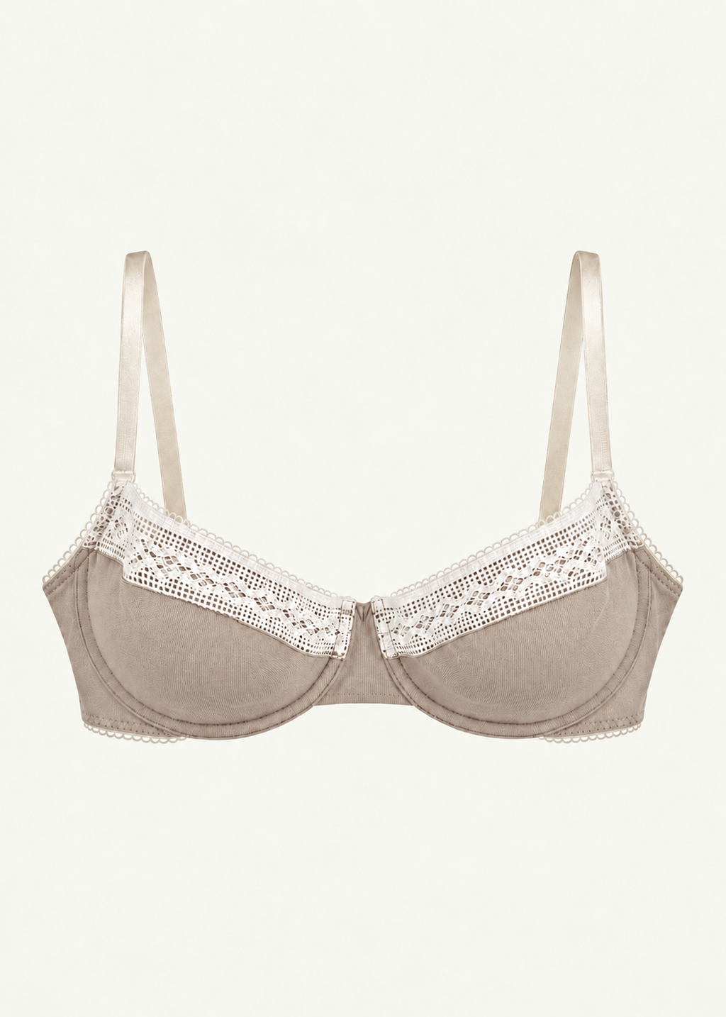 Front product view of the Stone Charlotte Bra by Lunetti against an ivory background, featuring soft taupe bamboo jersey cups, delicate white floral lace trim, supportive underwire construction, and adjustable ivory shoulder straps.