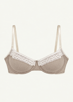 Front product view of the Stone Charlotte Bra by Lunetti against an ivory background, featuring soft taupe bamboo jersey cups, delicate white floral lace trim, supportive underwire construction, and adjustable ivory shoulder straps.