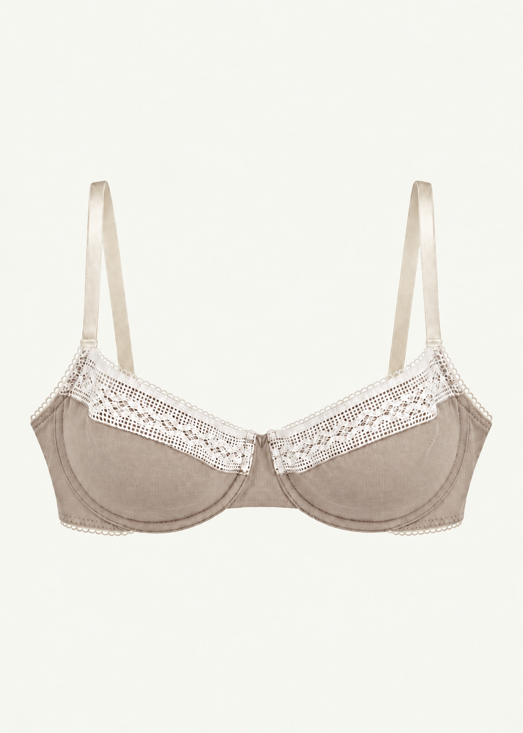 Front product view of the Stone Charlotte Bra by Lunetti against an ivory background, featuring soft taupe bamboo jersey cups, delicate white floral lace trim, supportive underwire construction, and adjustable ivory shoulder straps.