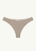 Front product view of the Stone Charlotte Thong by Lunetti against an ivory background, featuring a soft taupe hue, high-cut thong silhouette, and delicate picot trim along the waistband and leg openings.