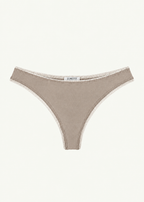 Front product view of the Stone Charlotte Thong by Lunetti against an ivory background, featuring a soft taupe hue, high-cut thong silhouette, and delicate picot trim along the waistband and leg openings.