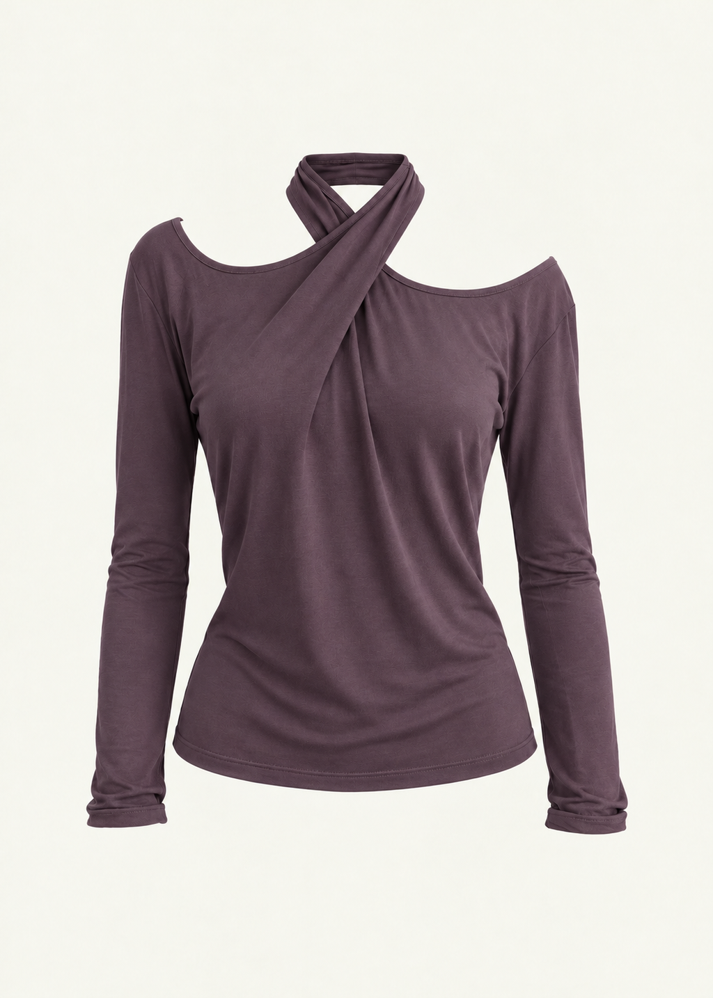 Front product view of the Amethyst Dahlia Top by Lunetti against an ivory background, featuring soft muted purple bamboo jersey, a draped crisscross halter neckline, asymmetric shoulder cutouts, fitted long sleeves, and a gently relaxed silhouette.