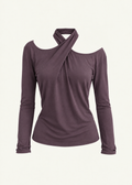 Front product view of the Amethyst Dahlia Top by Lunetti against an ivory background, featuring soft muted purple bamboo jersey, a draped crisscross halter neckline, asymmetric shoulder cutouts, fitted long sleeves, and a gently relaxed silhouette.