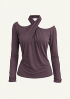 Front product view of the Amethyst Dahlia Top by Lunetti against an ivory background, featuring soft muted purple bamboo jersey, a draped crisscross halter neckline, asymmetric shoulder cutouts, fitted long sleeves, and a gently relaxed silhouette.