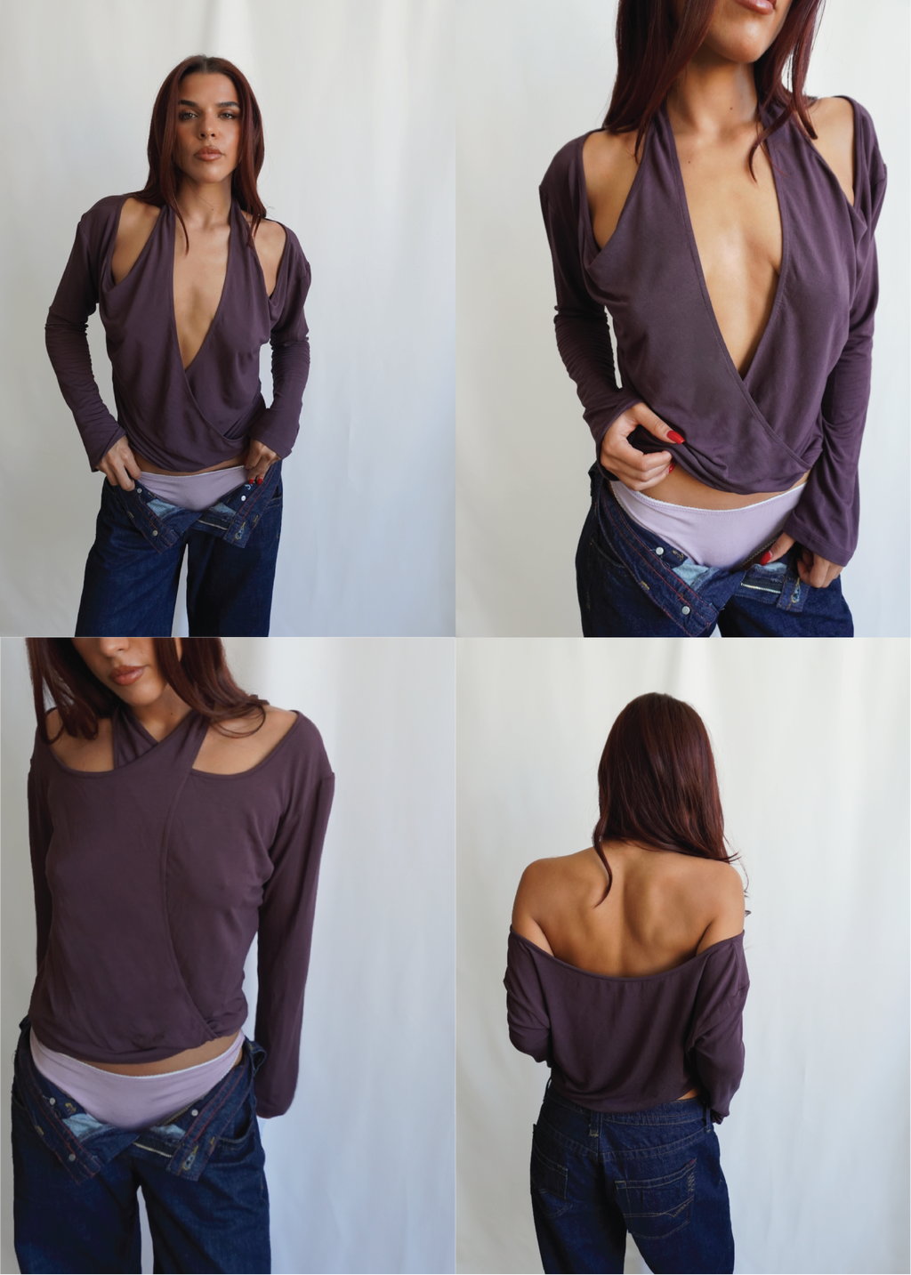 Four-image collage of the Amethyst Dahlia Top by Lunetti styled with blue jeans, demonstrating different ways to wear the versatile bamboo jersey neckline, including deep plunge, asymmetric, and off-the-shoulder variations.