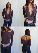 Four-image collage of the Amethyst Dahlia Top by Lunetti styled with blue jeans, demonstrating different ways to wear the versatile bamboo jersey neckline, including deep plunge, asymmetric, and off-the-shoulder variations.