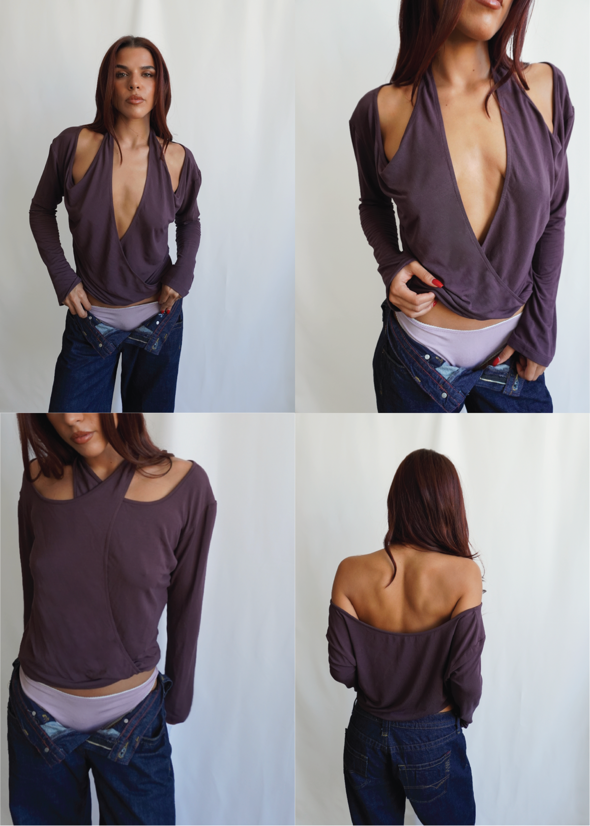 Four-image collage of the Amethyst Dahlia Top by Lunetti styled with blue jeans, demonstrating different ways to wear the versatile bamboo jersey neckline, including deep plunge, asymmetric, and off-the-shoulder variations.