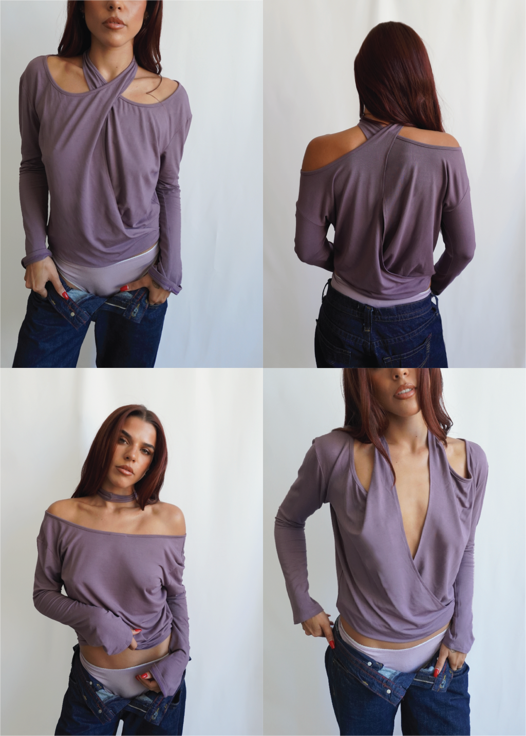 Four-image styling collage of the Orchid Dahlia Top by Lunetti, showing multiple ways to wear the softly draped neckline, including asymmetrical, off-the-shoulder, and deep plunge variations.