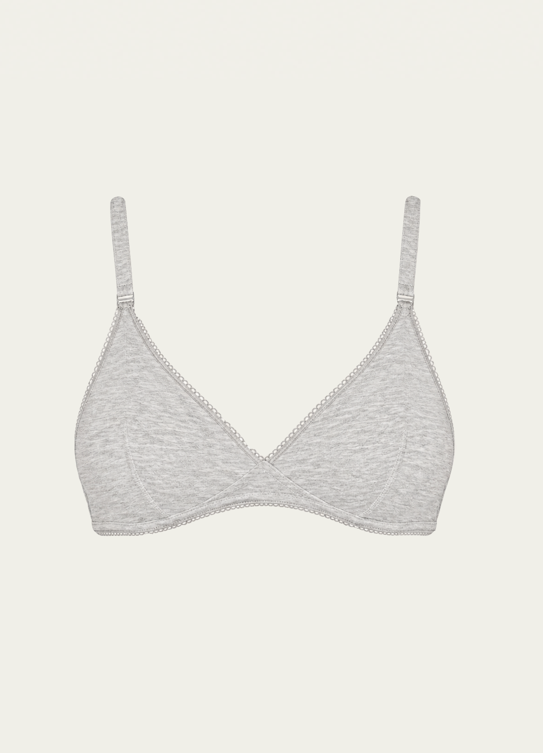 Heather grey bamboo jersey Margot Bralette by Lunetti against an ivory background, featuring soft triangle cups, adjustable straps, and a wireless design.