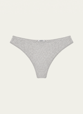 Heather grey bamboo jersey Margot Thong by Lunetti laid flat against an ivory background, featuring a minimalist silhouette, narrow waistband, and signature Lunetti label.