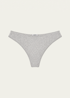 Heather grey bamboo jersey Margot Thong by Lunetti laid flat against an ivory background, featuring a minimalist silhouette, narrow waistband, and signature Lunetti label.