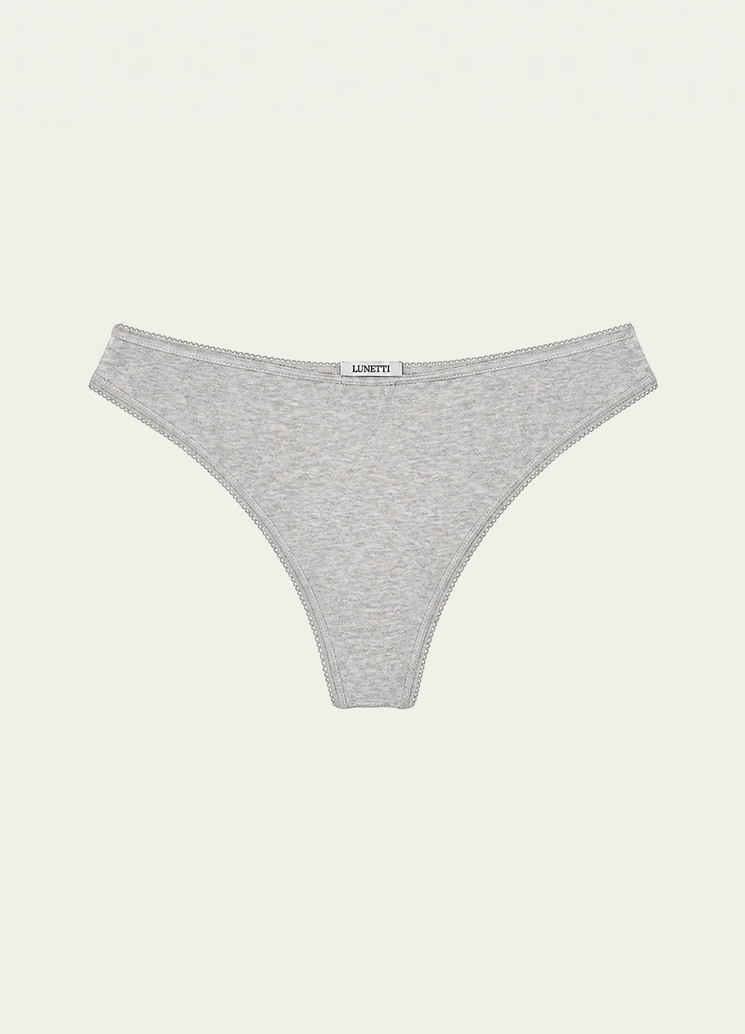 Heather grey bamboo jersey Margot Thong by Lunetti laid flat against an ivory background, featuring a minimalist silhouette, narrow waistband, and signature Lunetti label.