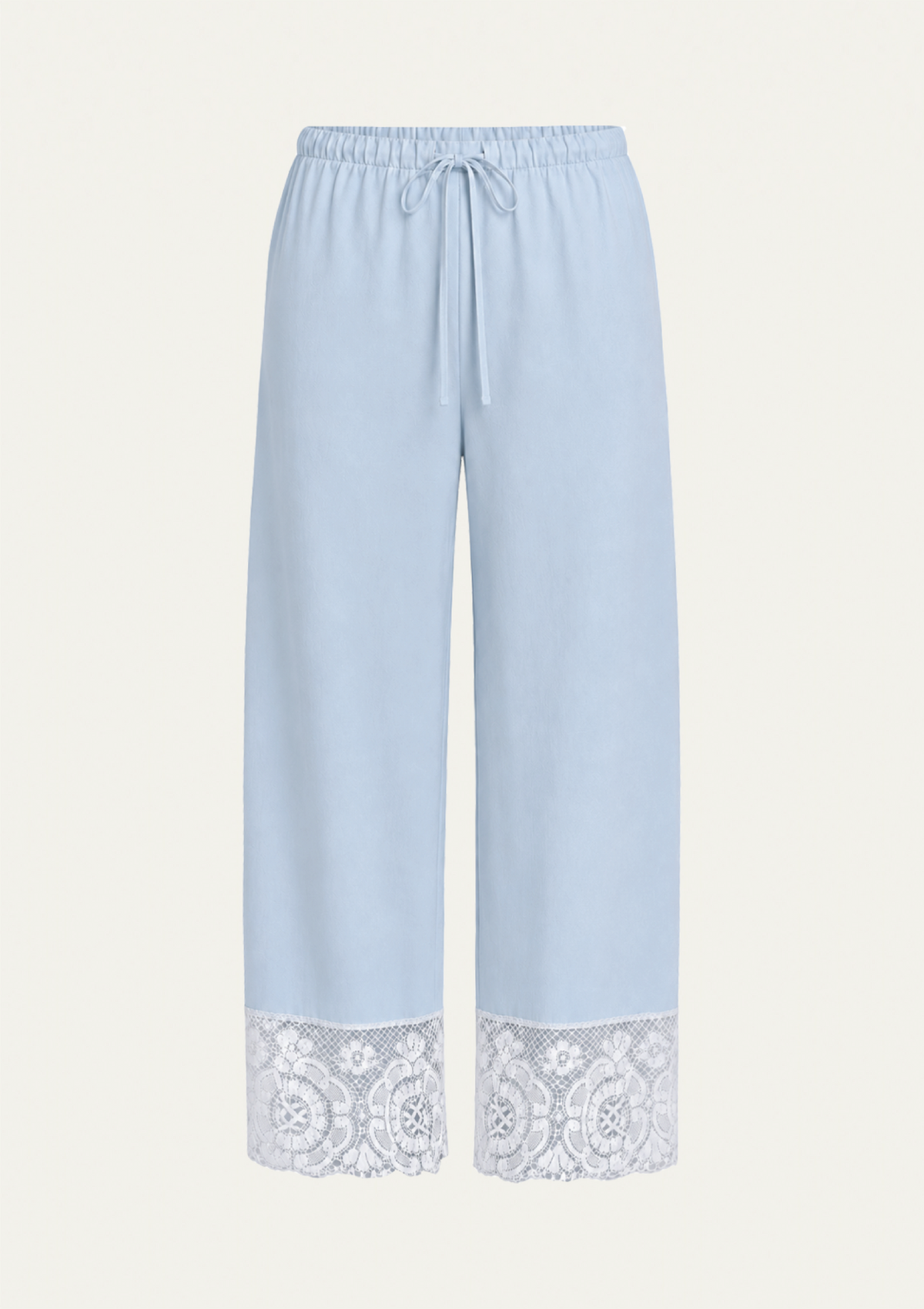 Coastal Blue Pima cotton Paloma Pant by Lunetti against an ivory background, featuring a relaxed wide-leg silhouette, adjustable drawstring waistband, and white cotton lace trim along the hems.