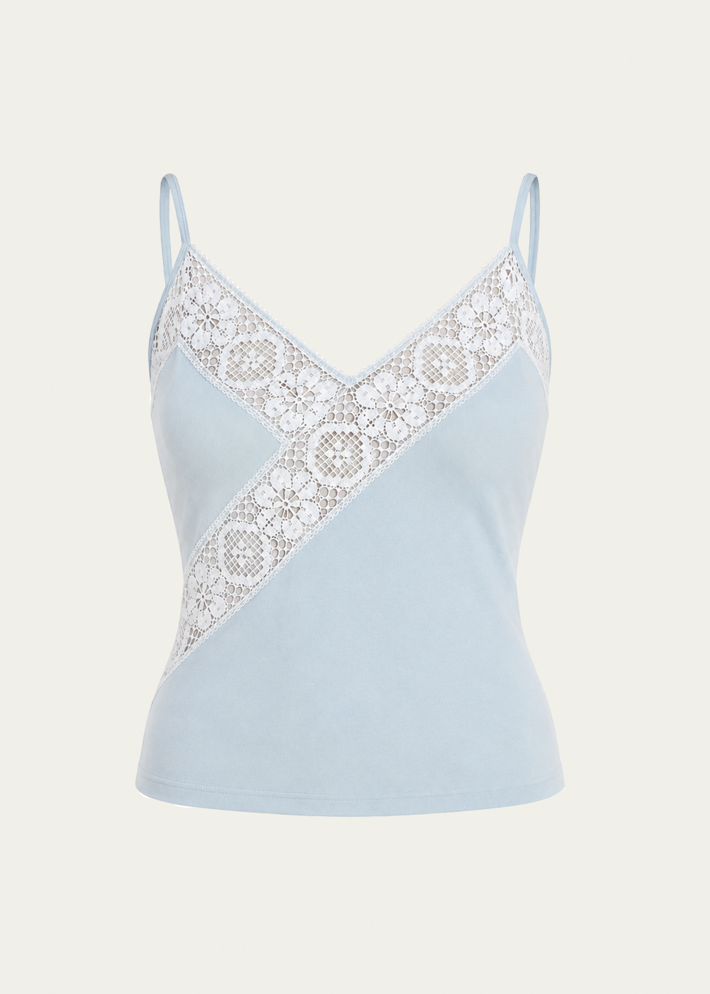 Coastal Blue Pima cotton Paloma Top by Lunetti against an ivory background, featuring delicate white cotton lace panels, thin shoulder straps, and an asymmetric lace design.