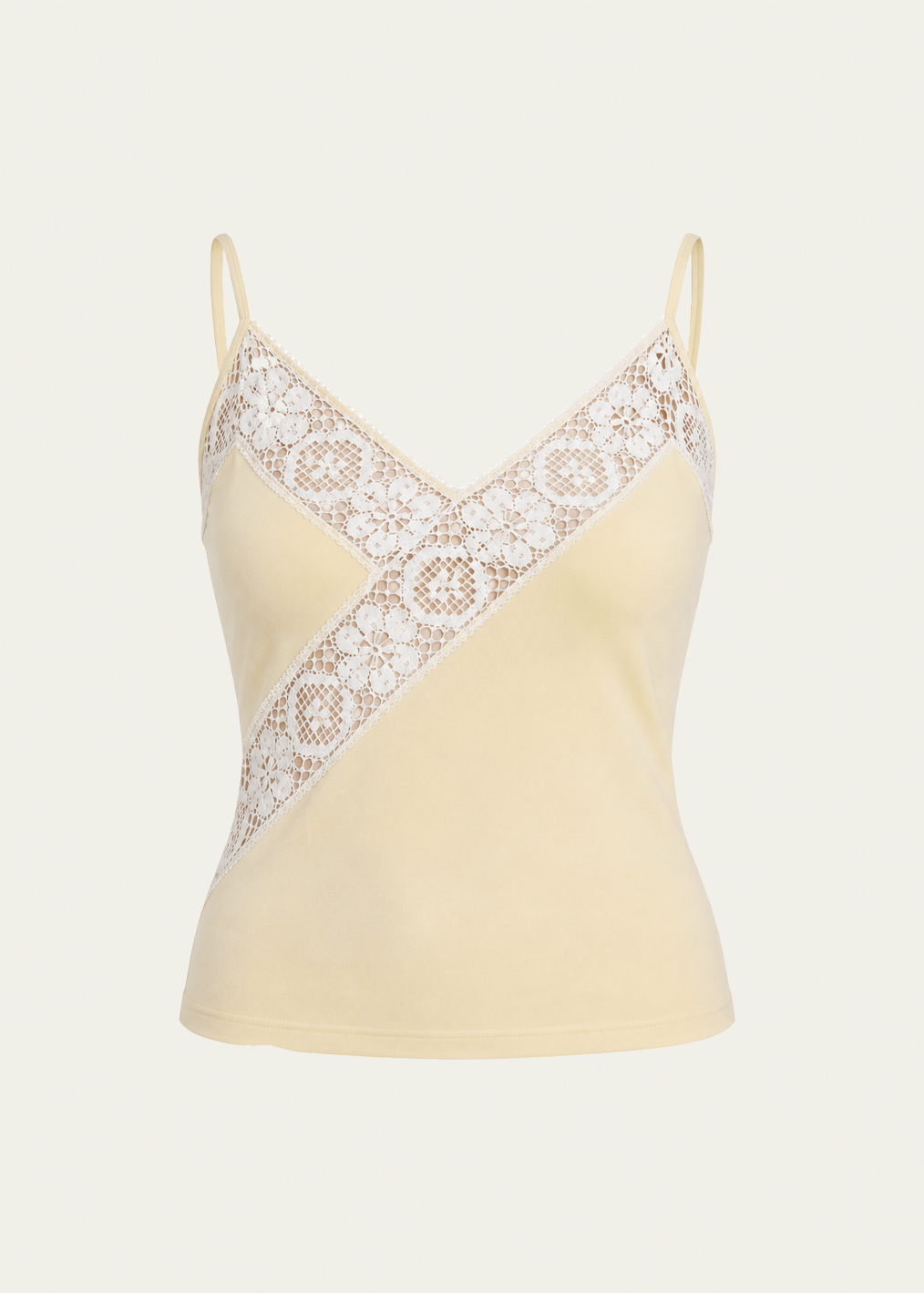 Honeycomb yellow Pima cotton Paloma Top by Lunetti against an ivory background, featuring delicate white cotton lace panels, thin shoulder straps, and a V-neckline.