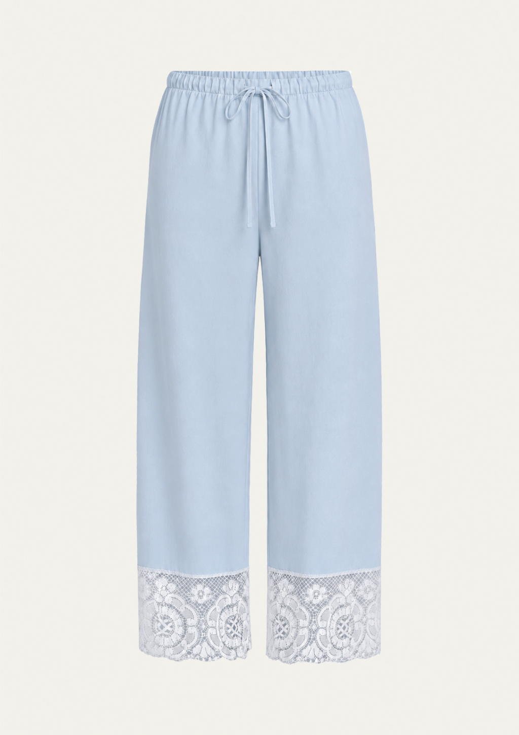 Light blue wide-leg pants with a drawstring waist and a white lace trim at the hem, shown against a plain off-white background.