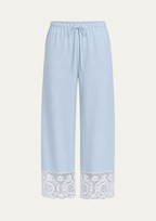 Light blue wide-leg pants with a drawstring waist and a white lace trim at the hem, shown against a plain off-white background.