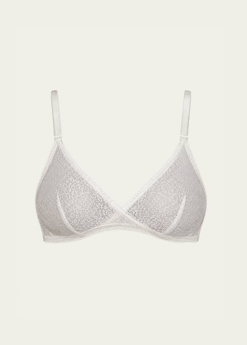 A white lace bralette with thin shoulder straps, displayed against a solid off-white background.