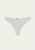White textured lace thong underwear with a small black 'Lunetti' brand label on the front waistband, shown against a solid off-white background.