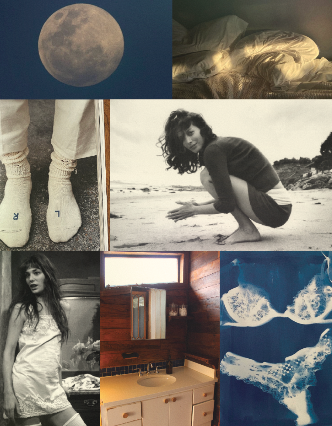 Collage of a full moon, rumpled white bedding, monogrammed socks, vintage black-and-white portraits, a wood-paneled bathroom, and blue-toned lace lingerie, created for Lunetti Diary entry .02, Notes on Seamlessness.